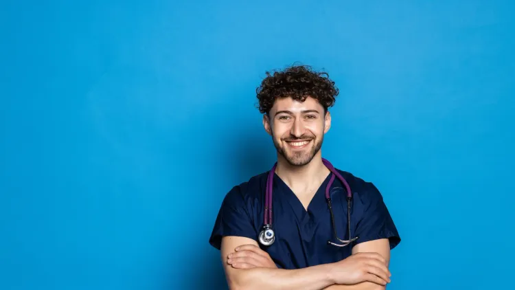 Male medical professional standing and smiling with his arms crossed in front of a blue background
